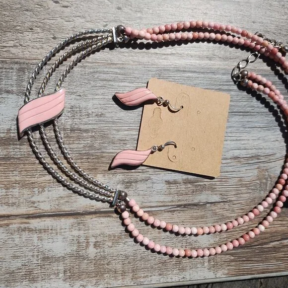 Jay King DTR mine finds carved Wave Pink Opal Necklace Earrings set 925 rare - Picture 9 of 11